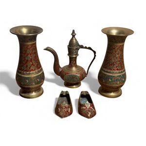 Vintage Indian Brass Enamel Decor Vases Ewer Pot & Shoe Ashtrays Floral Set Of 5